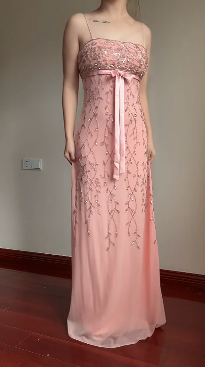 Classy Spaghetti Strap Pink Chiffon Beaded Long Prom Dress Formal Evening Dress SP944