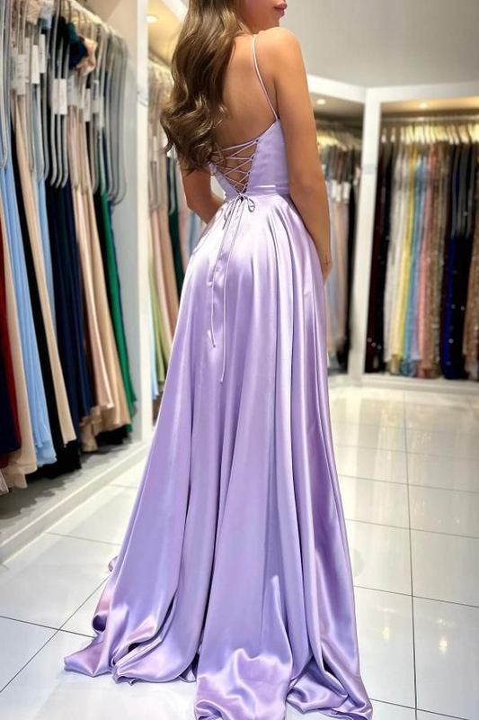 Elegant Lilac Long A-line Spaghetti Straps Lace-Up Satin Prom Dresses Y4888