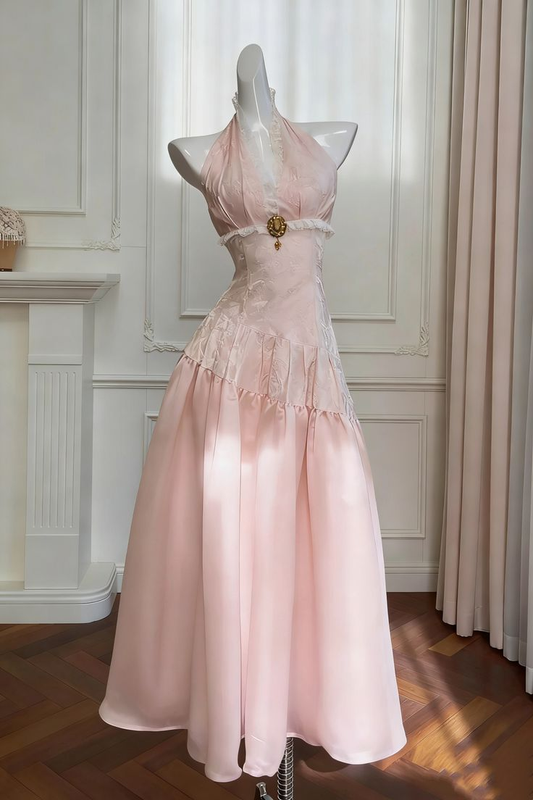 Sweet Halter V Neck Pink Satin A Line Long Party Dress Prom Gown SP1568