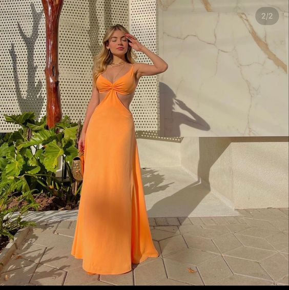 Simple V Neck Orange Long Prom Dress,Orange Evening Dress Y6255