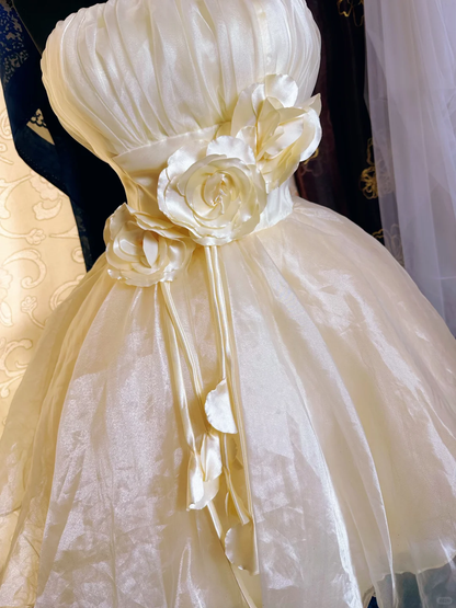 Sweet Light Champagne Strapless Organza 3D Floral A Line Short 17th Birthday Outfits Homecoming Dress SP2193