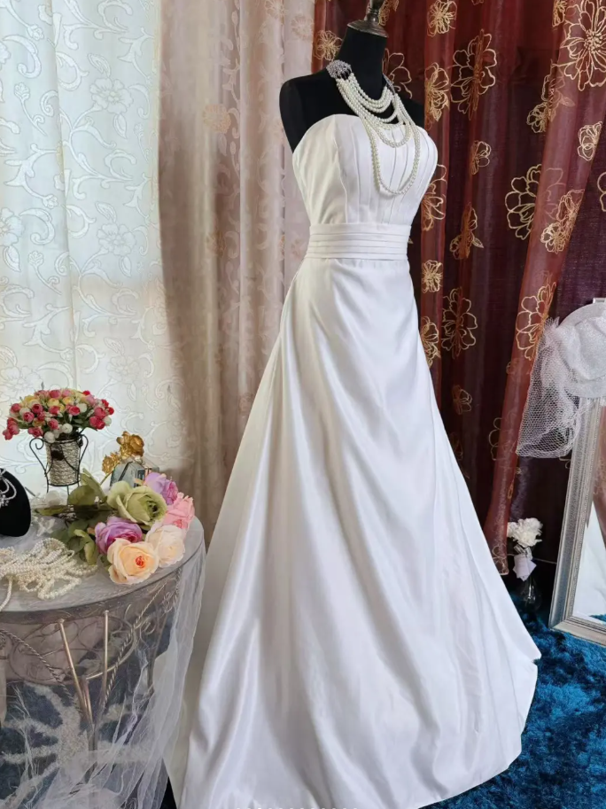 Elegant Strapless Satin Mermaid White Long Wedding Dress Bridal Dress SP1953