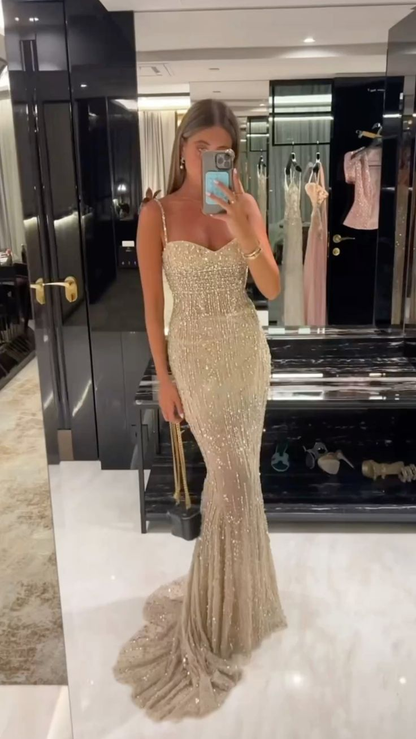 Gorgeous Champagne Spaghetti Straps Sequin Beaded Mermaid Evening Dress Prom Dresses SP795