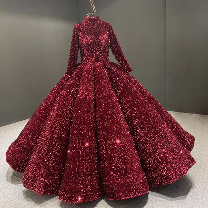 Burgundy Ball Gown Sequin Long Sleeve Quinceanera Dresses Y4442