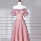 Sweet Pink Tulle Sequins Beaded A Line Prom Dress,Off The Shoulder Long Evening Dress Y8643