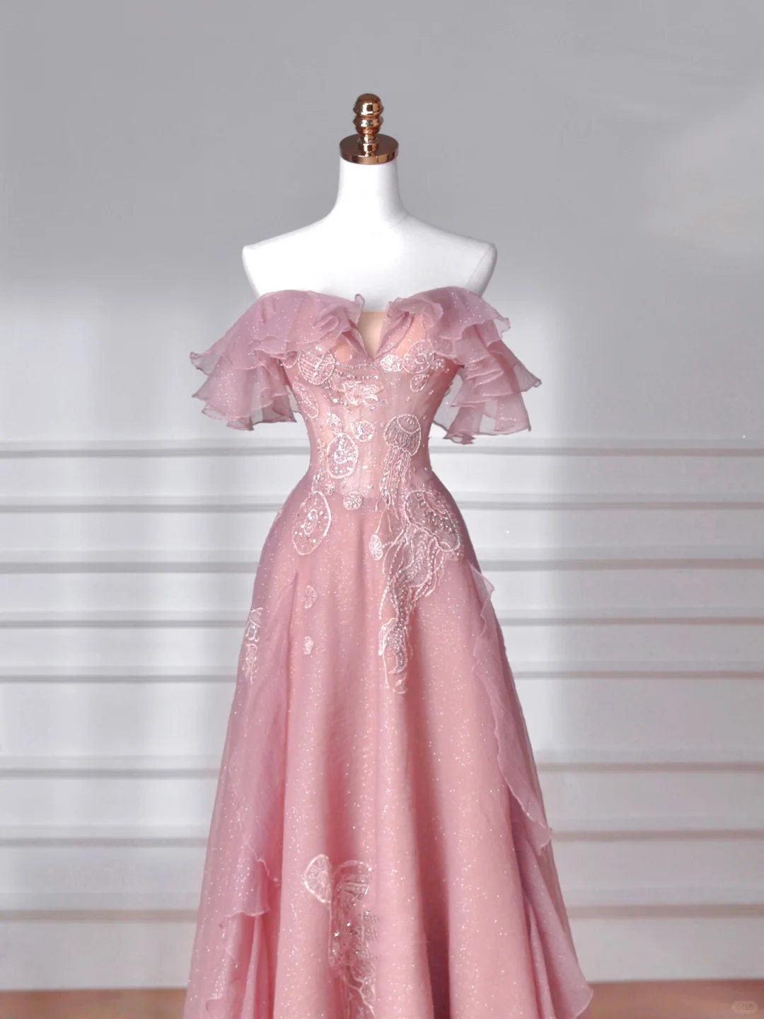 Sweet Pink Tulle Sequins Beaded A Line Prom Dress,Off The Shoulder Long Evening Dress Y8643