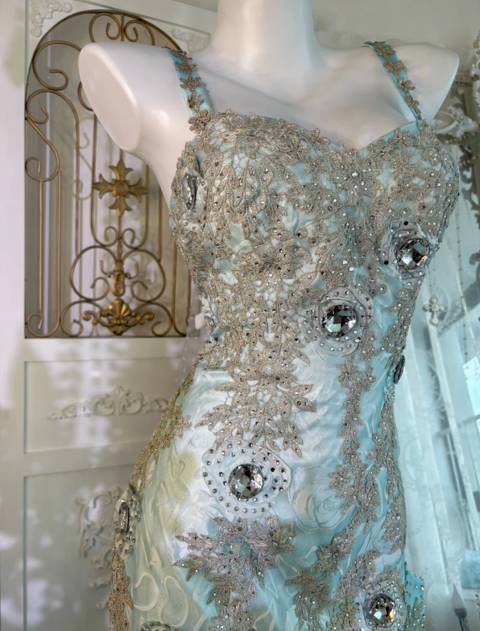 Charming Spaghetti Straps Tulle Rose Floral Mermaid Prom Dress, Blue Appliques Beaded Long Birthday Party Dress SP1464