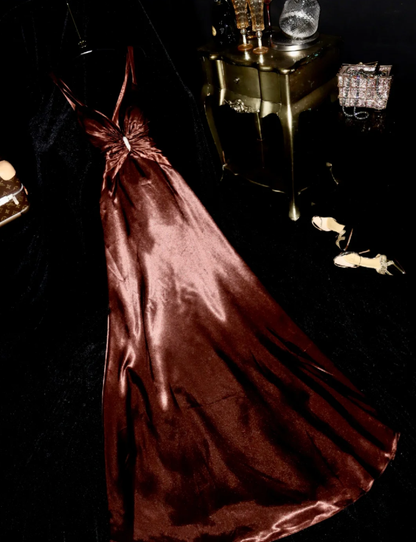 Vintage Brown V Neck Satin Beaded Mermaid Long Wedding Guest Dress  Formal Evening Dress SP1431