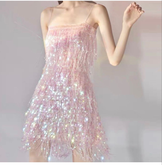 Elegant Spaghetti Straps Pink Sequin Tassel Birthday Outfits Formal Homecoming Dress Y9245