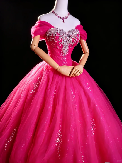 Pretty Off Shoulder Hot Pink Glitter Tulle Ball Gown Crystal Rhinestone Sweetheart Quinceanera Dress Sweet 15 Dress SP2732