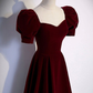 Burgundy Velvet Long A-Line Prom Dress, Simple Short Sleeve Party Dress Y6972