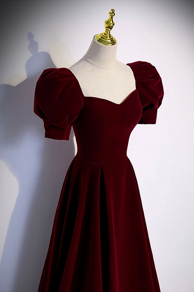 Burgundy Velvet Long A-Line Prom Dress, Simple Short Sleeve Party Dress Y6972