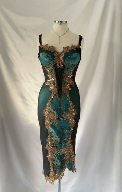 Vintage Green Satin Sequin Beaded Homecoming Dress Birthday Outfits Y9713