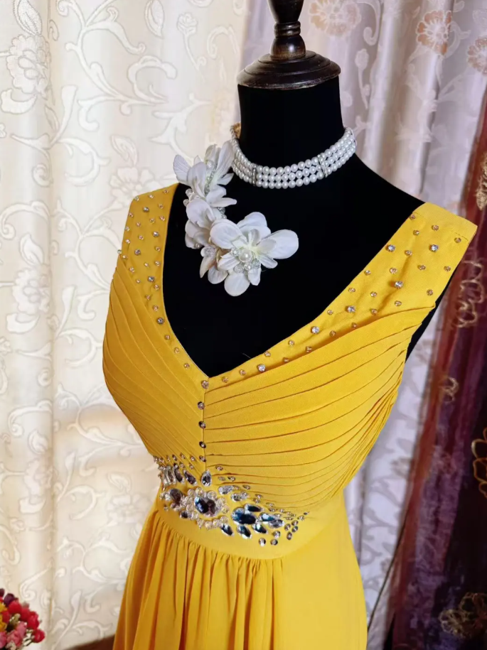Vintage V Neck Yellow Chiffon Beaded A Line Long Party Dress Prom Dress SP1951