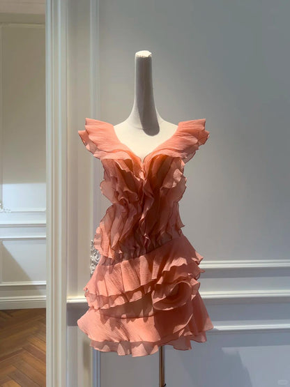 Elegant V Neck Peach Pink Chiffon Ruffle Short 6th Grade Homecoming Dress Cocktail Dress SP2596