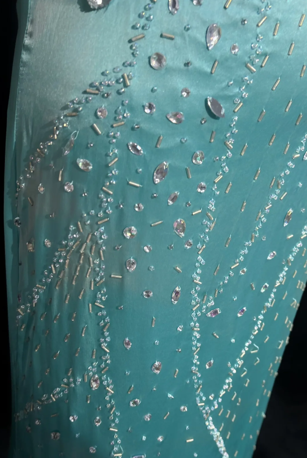 Gorgeous Green Spaghetti Straps Satin Beaded Mermaid Party Dress Backless Long Prom Gown SP1283