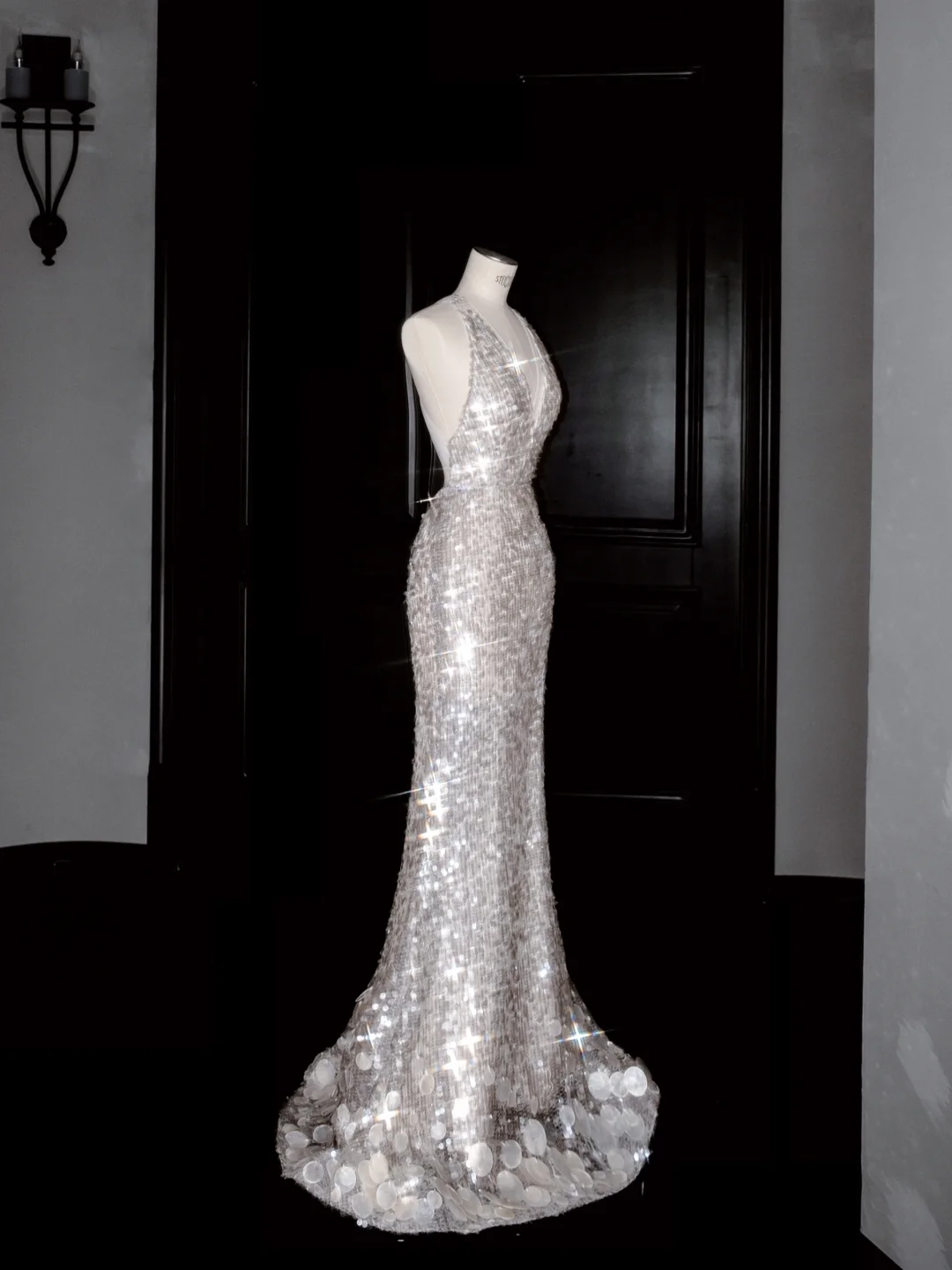 Sexy V Neck Silver Sequins Backless Mermaid Prom Dress Evening Dress  Y8680