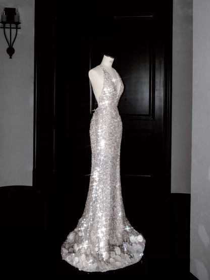 Sexy V Neck Silver Sequins Backless Mermaid Prom Dress Evening Dress  Y8680