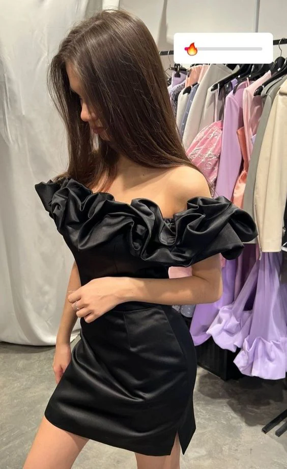 Off Shoulder Short Sleeve Frill Mini Bodycon Dress Hot Sale Black Homecoming Dress Y400