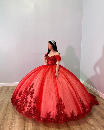 Glamorous Red Off The Shoulder Ball Gown Red Sweet 16 Dress