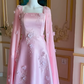 Luxury Pink Satin Long A Line Evening Dress Pretty Appliques Prom Dress  Y7591