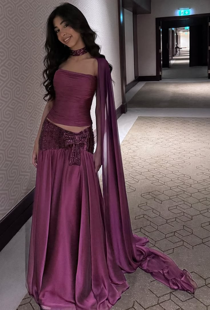 Elegant Purple Tulle Chiffon Two-piece Long Wedding Guest Dress Party Dress SP2330