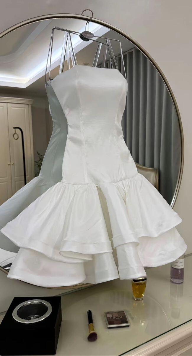 Classy Strapless White Satin A Line Mini Cocktail Dress Formal Graduation Homecoming Dress SP2402