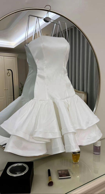 Classy Strapless White Satin A Line Mini Cocktail Dress Formal Graduation Homecoming Dress SP2402