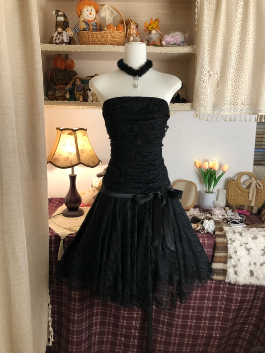Elegant Strapless Black Lace Short Graduation Homecoming Dress 18th Birthday Dress Y9765