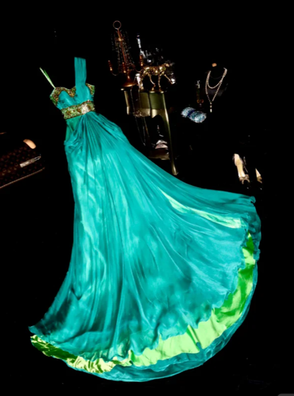 Unique Spaghetti Straps Green Satin Beaded Long Evening Dress Prom Gown SP1065