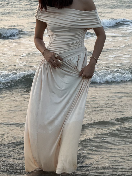 Elegant Off The Shoulder Light Champagne Satin Pleated Mermaid Long Wedding Guest Dress,Formal Party Dress Prom Gown SP1409