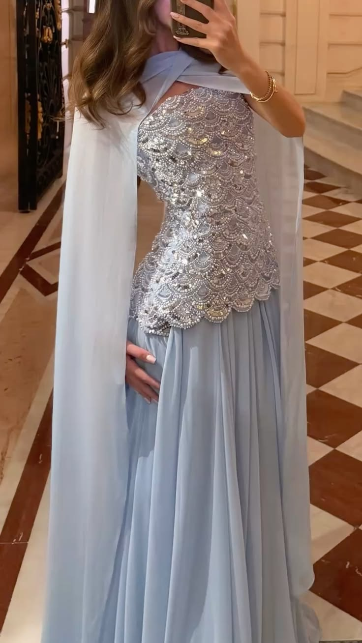 Classy Strapless Blue Chiffon Beaded A Line Long Evening Dress Birthday Dress SP2444