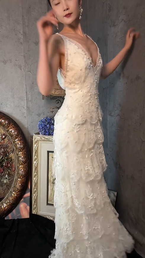 Pretty V Neck Sleeveless White Lace Beaded Layered Long Party Dress Formal Birthday Outfits SP1255