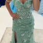 Elegant Green Tulle Applique Beaded Slit Prom Dress Long Mermaid Party Gown SP1320