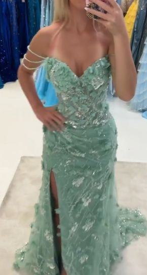 Elegant Green Tulle Applique Beaded Slit Prom Dress Long Mermaid Party Gown SP1320