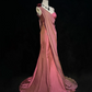 Pretty Spaghetti Straps Pink Neck Satin Pleated Mermaid Long Wedding Guest Dress Party Gown SP1282