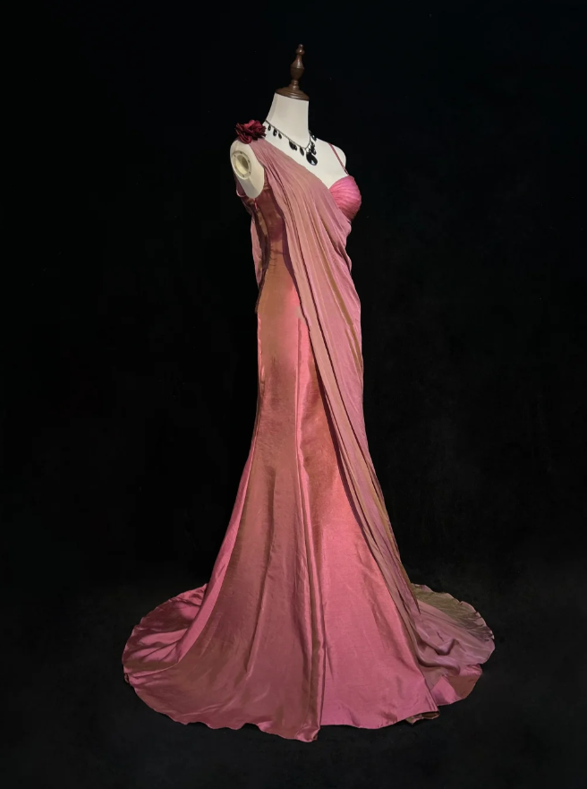 Pretty Spaghetti Straps Pink Neck Satin Pleated Mermaid Long Wedding Guest Dress Party Gown SP1282