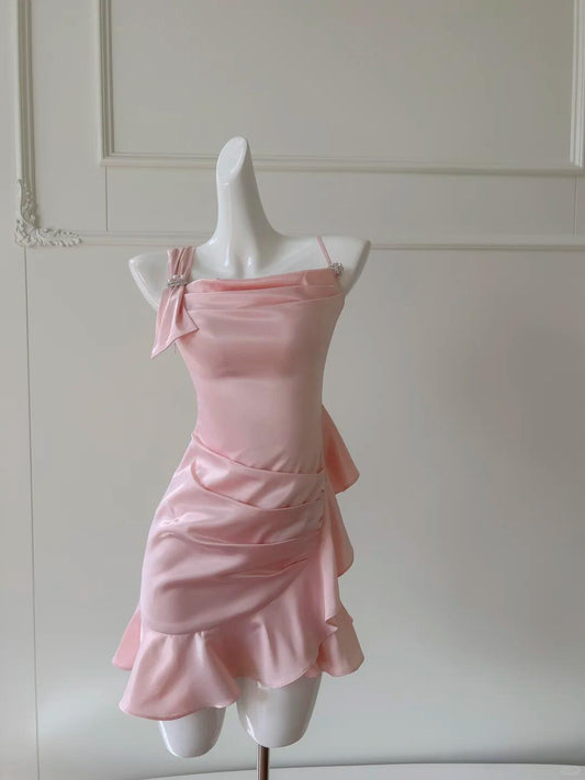Cute Pink Satin Pleated Ruffles Short Homecoming Dress Birthday Outfits SP2595