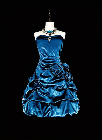 Classy Blue Satin Ruched Rose Floral A Line Short 7th Grade Homecoming Dress,Strapless Mini Birthday Dress SP3388