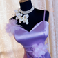 Classy Spaghetti Straps Purple Satin Appliques Mermaid Slit Party Dress Long Wedding Guest Dress SP1943