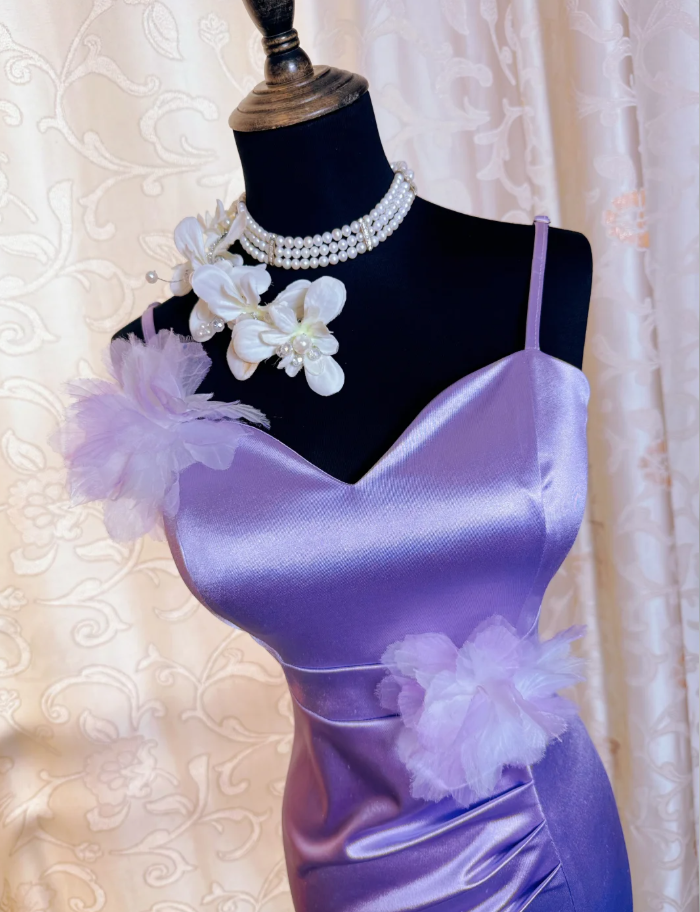 Classy Spaghetti Straps Purple Satin Appliques Mermaid Slit Party Dress Long Wedding Guest Dress SP1943