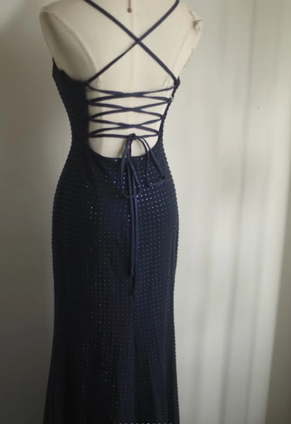 Gorgeous Spaghetti Straps Navy Blue Satin Beaded Mermaid Long Party Dress Formal Wedding Guest Dress SP1258