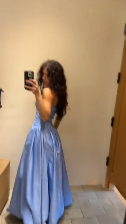 Elegant Blue Strapless Satin Pleated A Line Long Party Dress Birthday Dress SP2528