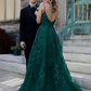 A Line V Neck Green Lace Long Prom Dresses, Green Lace Formal Dresses, Green Evening Dresses Y4079