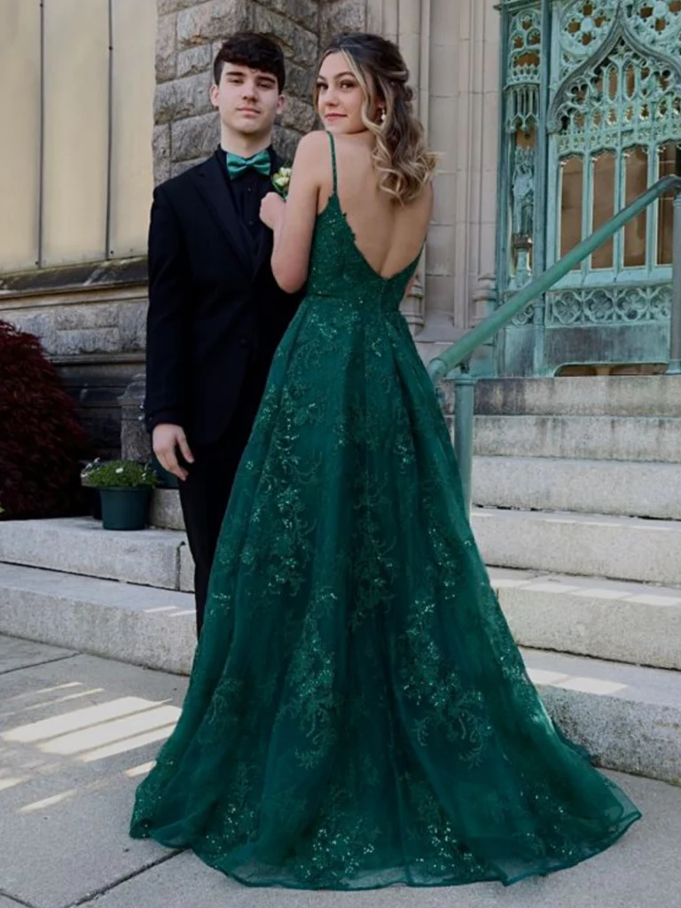 A Line V Neck Green Lace Long Prom Dresses, Green Lace Formal