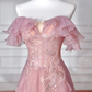 Sweet Pink Tulle Sequins Beaded A Line Prom Dress,Off The Shoulder Long Evening Dress Y8643