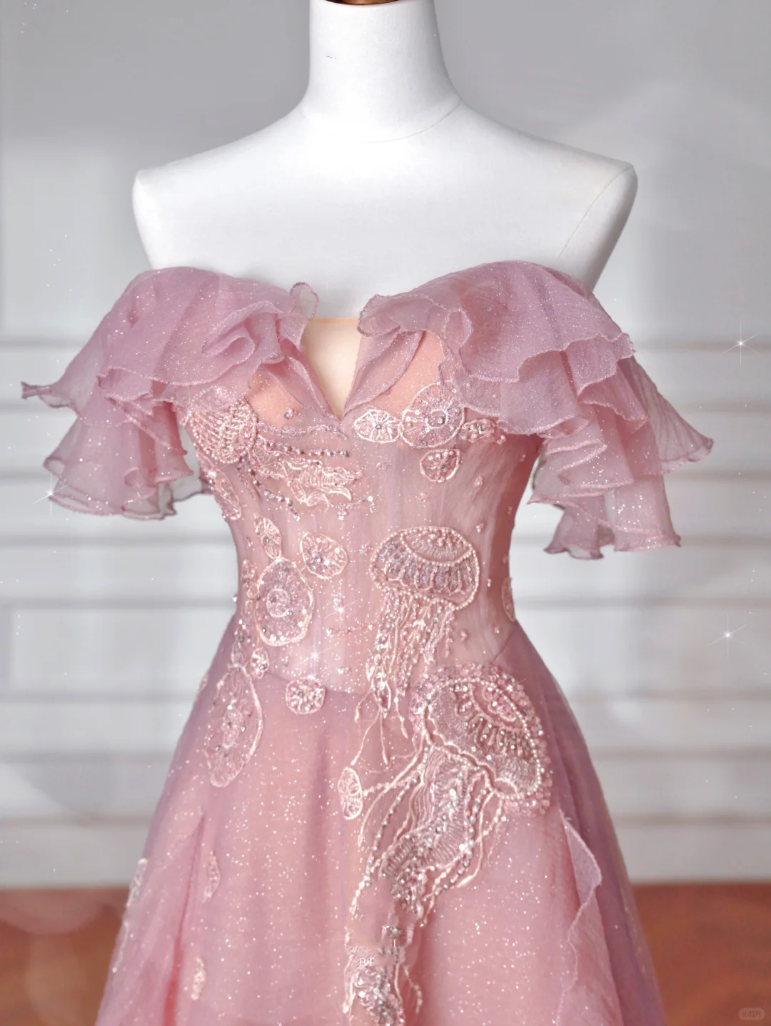 Sweet Pink Tulle Sequins Beaded A Line Prom Dress,Off The Shoulder Long Evening Dress Y8643
