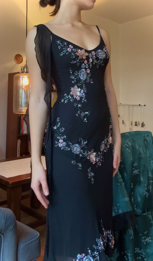 Classy Spaghetti Straps Chiffon Sequin Floral Mermaid Party Dress Black Long Evening Gown SP4246