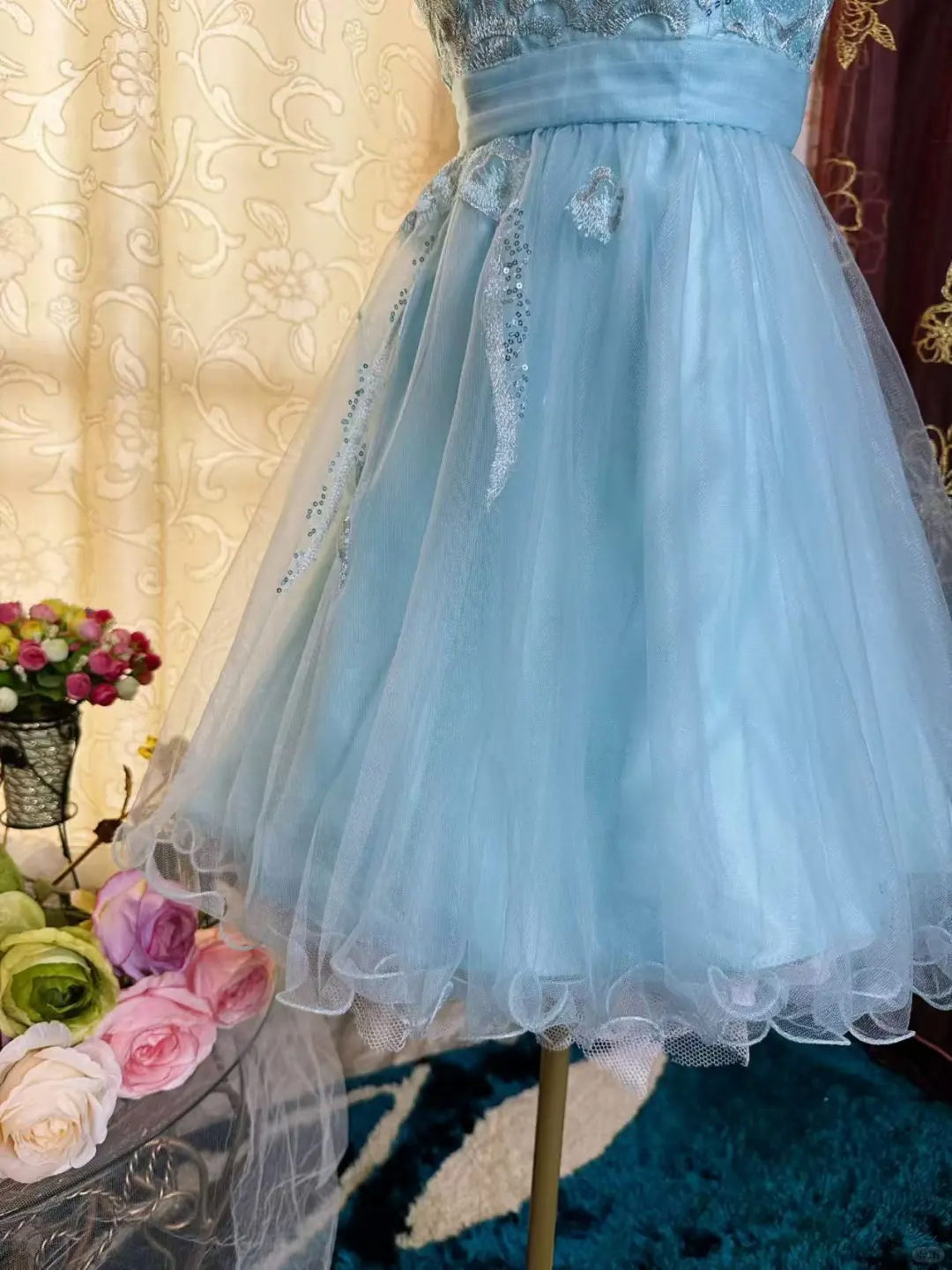 Elegant Strapless Blue Tulle Sequin Appliques A Line Short Homecoming Dress 19th Birthday Outfits SP80