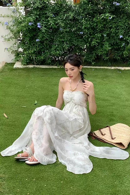 Classy Blue Halter A Line Ruffled Floral Long Party Dress Women's  Vacation Dress Y9320